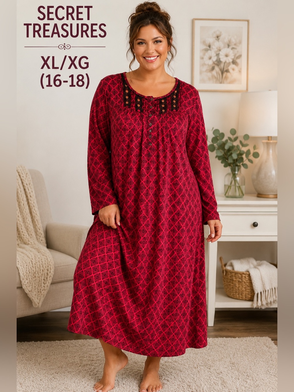 Secret Treasures Fleece Sleep Shirt Gown XL 16-18 Red Black Cozy Loungewear